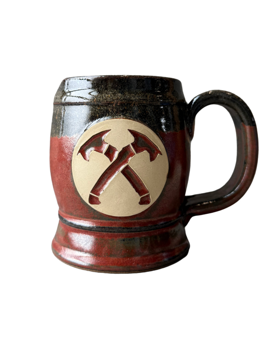 Red Glazed Crossed Hawks Barrel Ceramic Mug