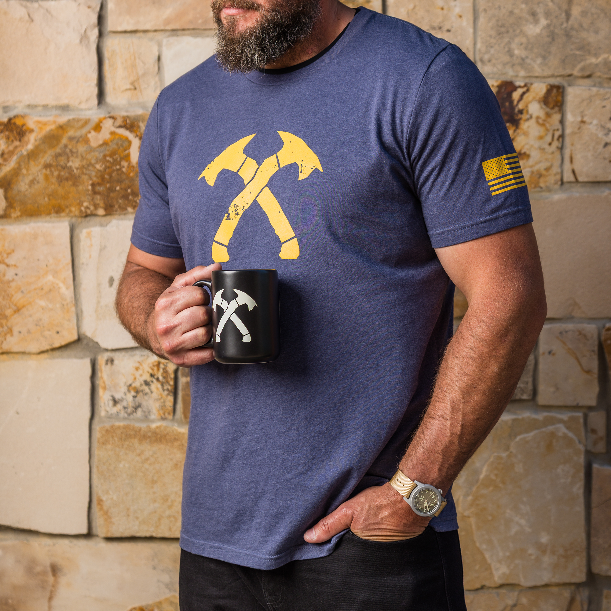 Navy Blue and Gold Distressed Crossed Hawks Tee